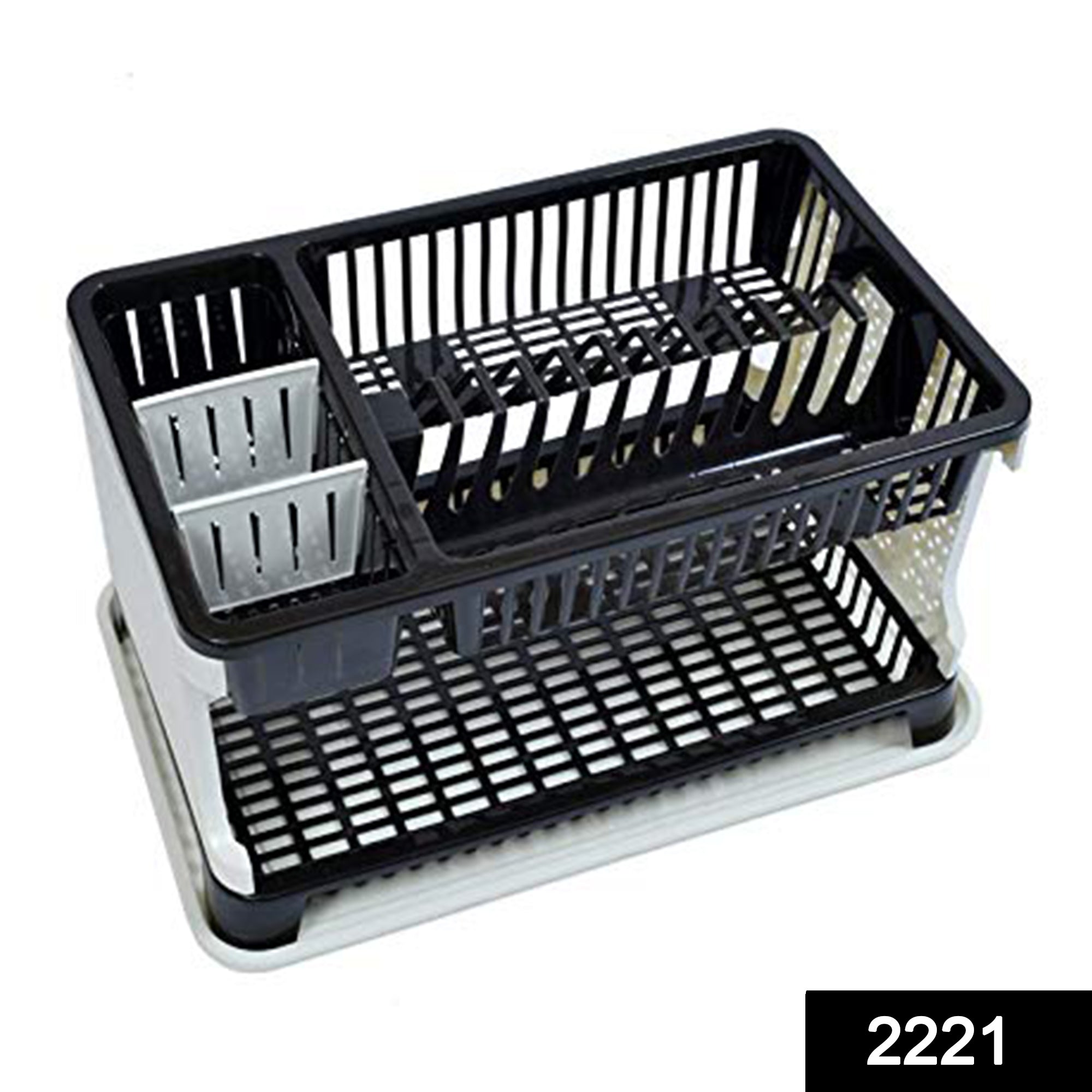 Multi-level dish rack with water draining feature. Multi-level dish rack with water draining feature.